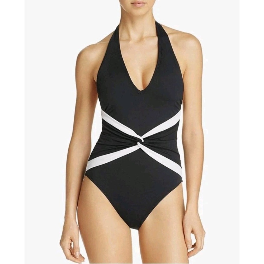 LAUREN RALPH LAUREN Womens Size 6 Plunging Twist Front One-Piece Swimsuit Black